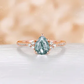 Vintage Pear Cut Moss Agate Pave & Cluster Engagement Ring Rose Gold