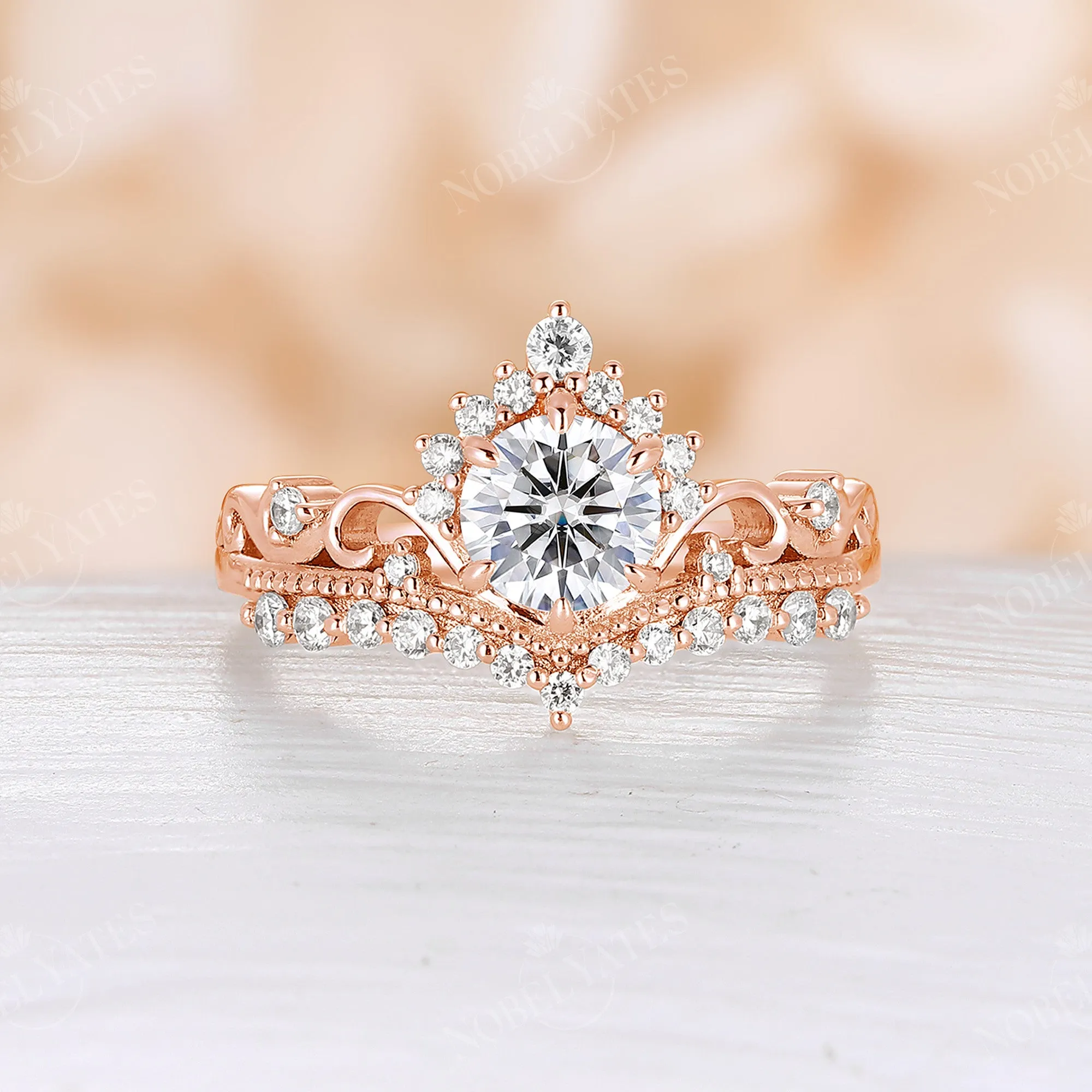 Vintage Round Cut Moissanite Milgrain Engagement Ring Rose Gold