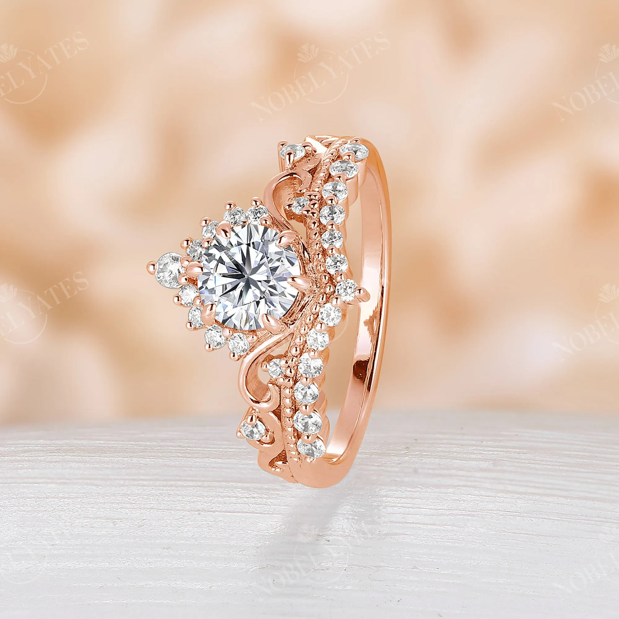 Vintage Round Cut Moissanite Milgrain Engagement Ring Rose Gold