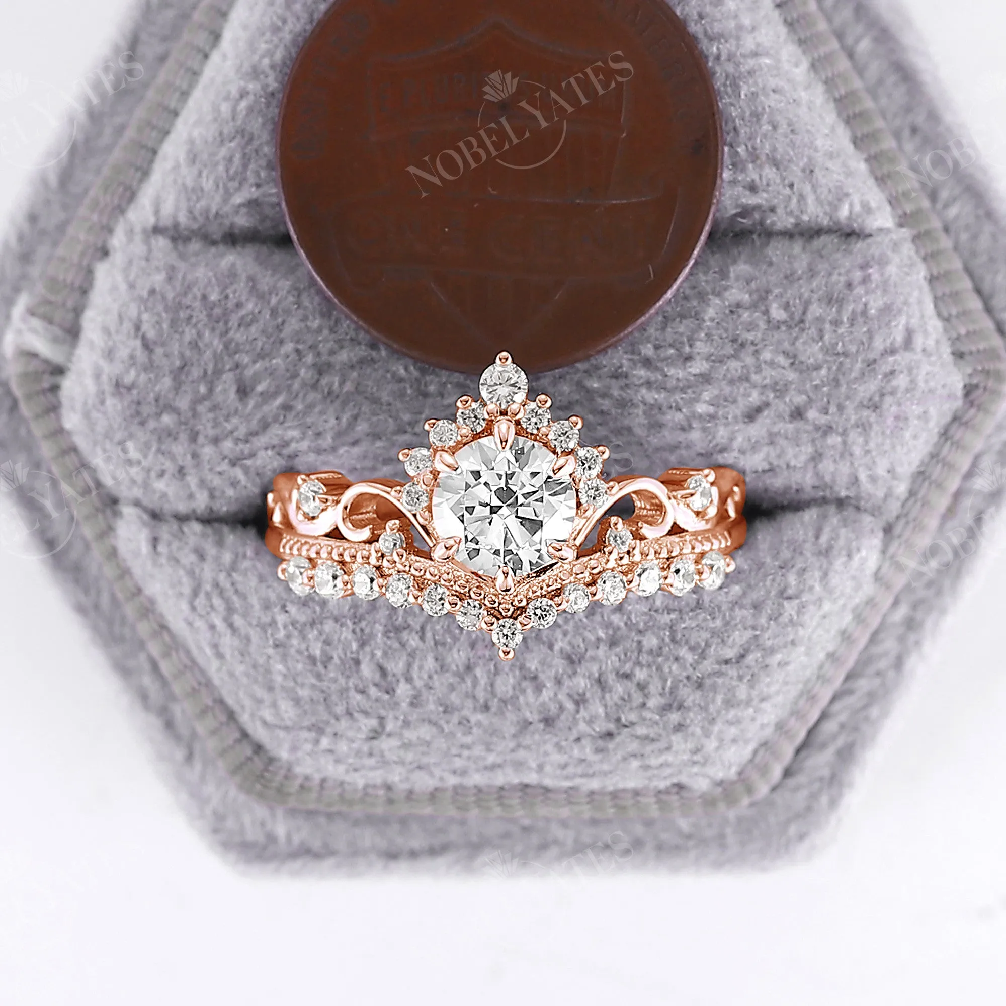 Vintage Round Cut Moissanite Milgrain Engagement Ring Rose Gold