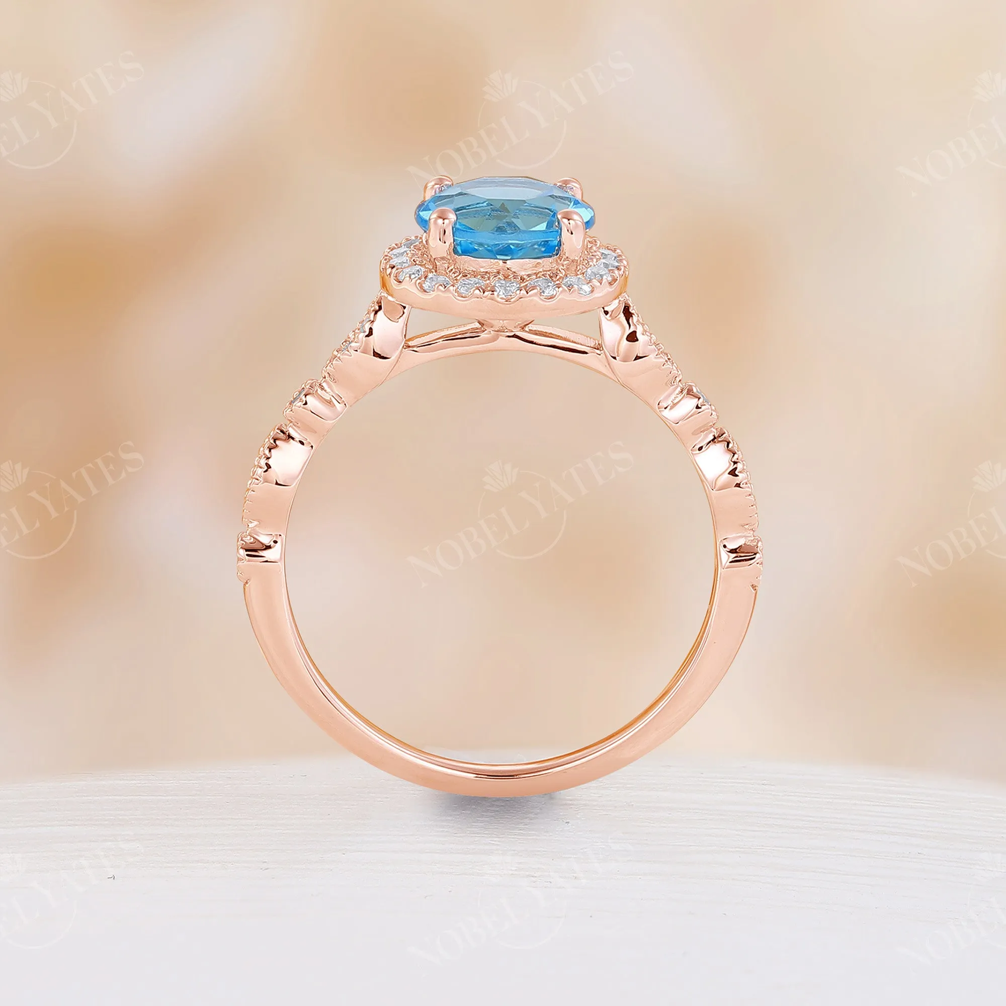 Vintage Swiss Blue Topaz Round Halo Engagement Ring Side Stone Rose Gold