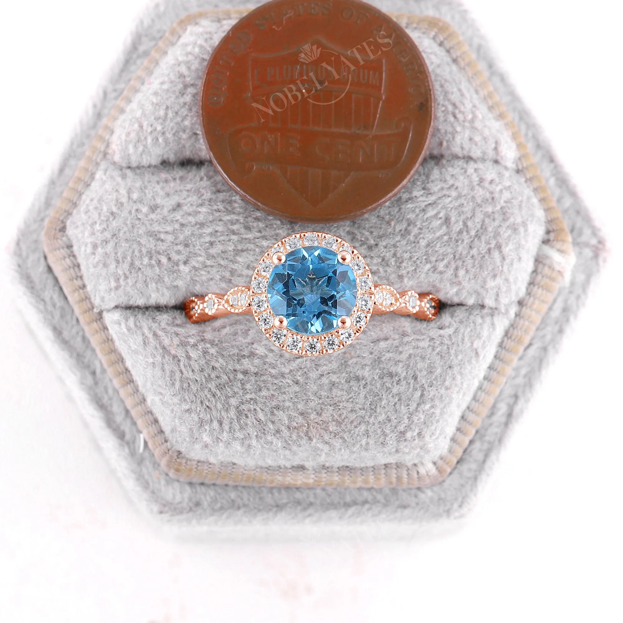 Vintage Swiss Blue Topaz Round Halo Engagement Ring Side Stone Rose Gold