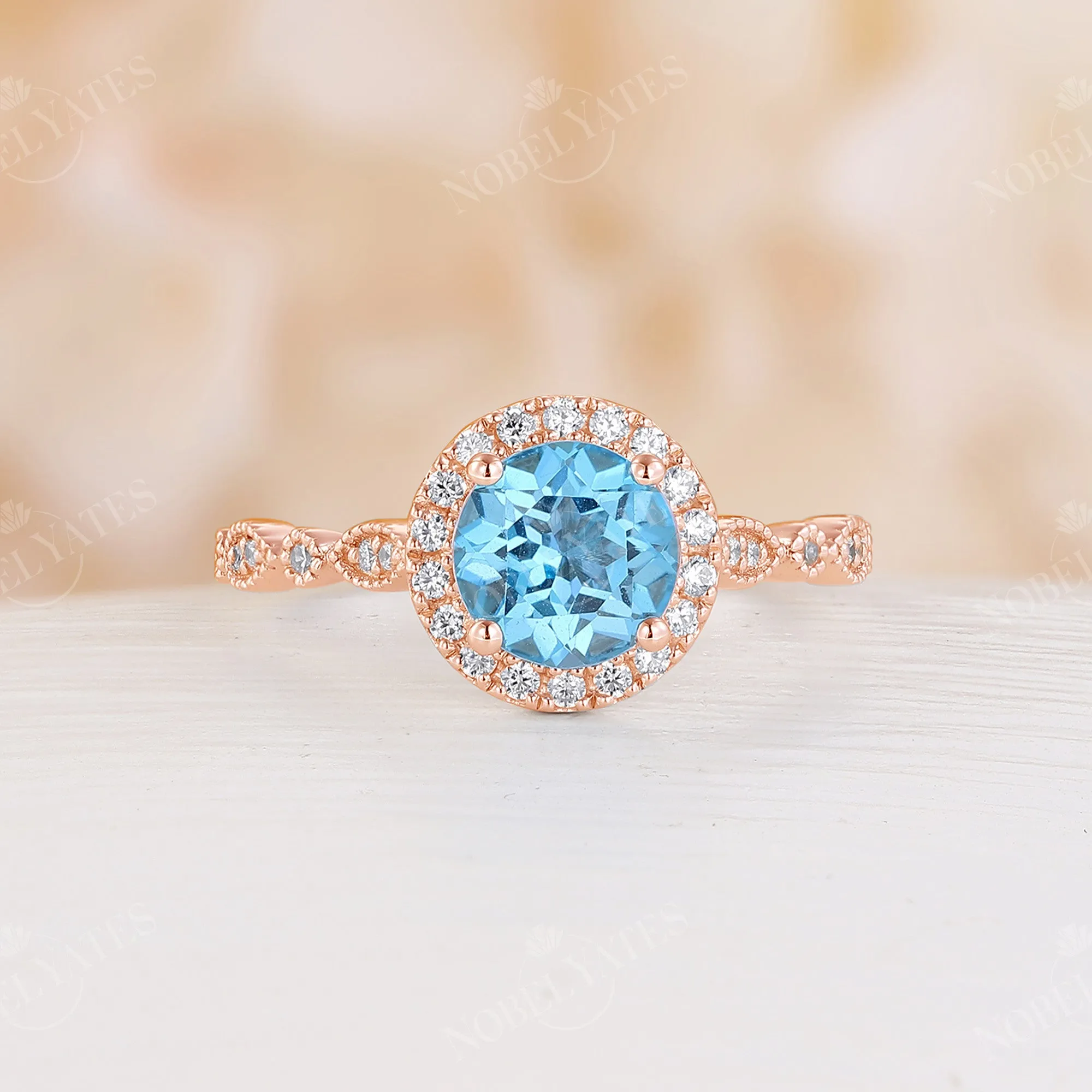 Vintage Swiss Blue Topaz Round Halo Engagement Ring Side Stone Rose Gold