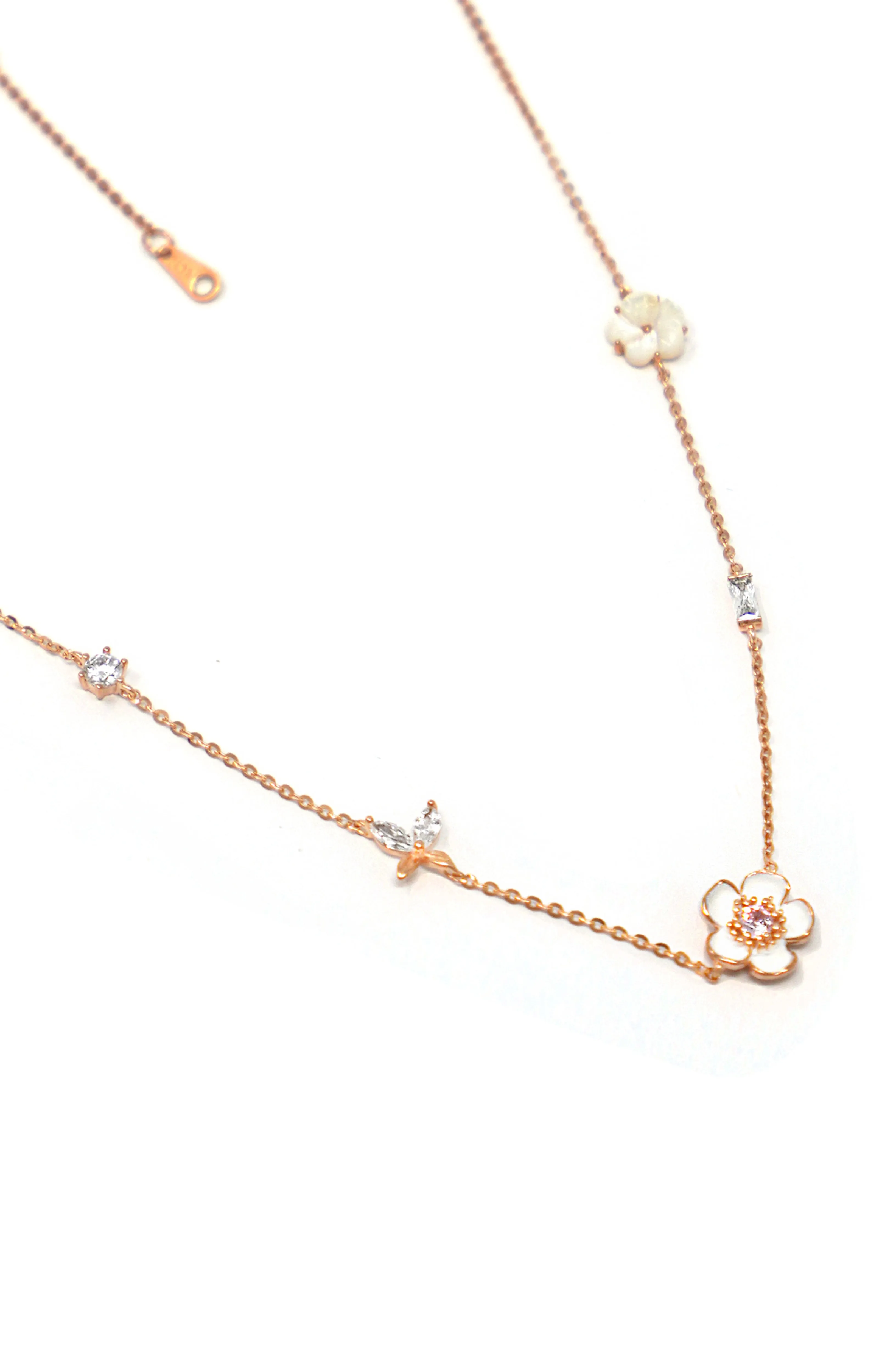 White Flower Garland Rose Gold Plated Sterling Silver Chain Necklace