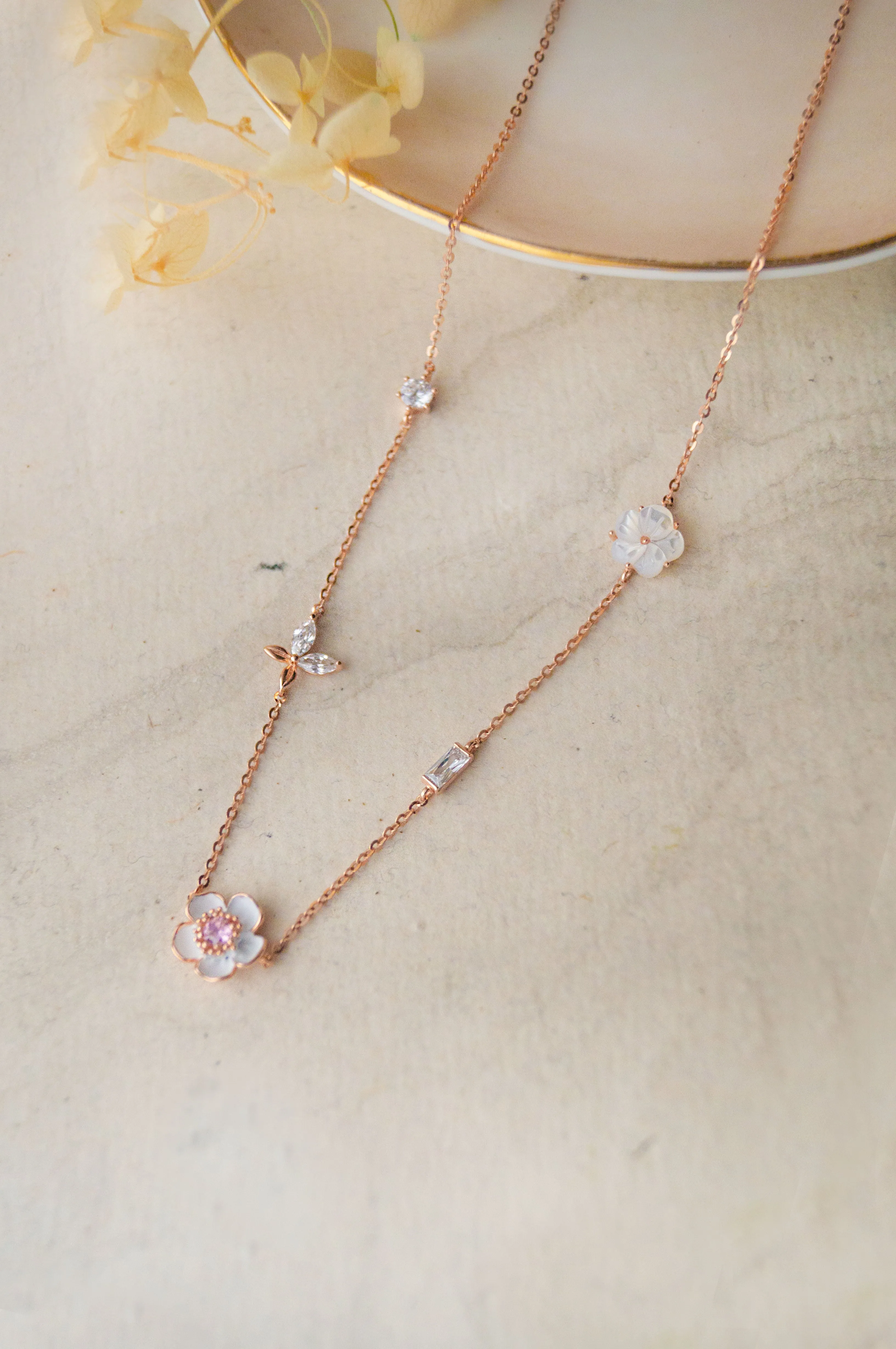 White Flower Garland Rose Gold Plated Sterling Silver Chain Necklace