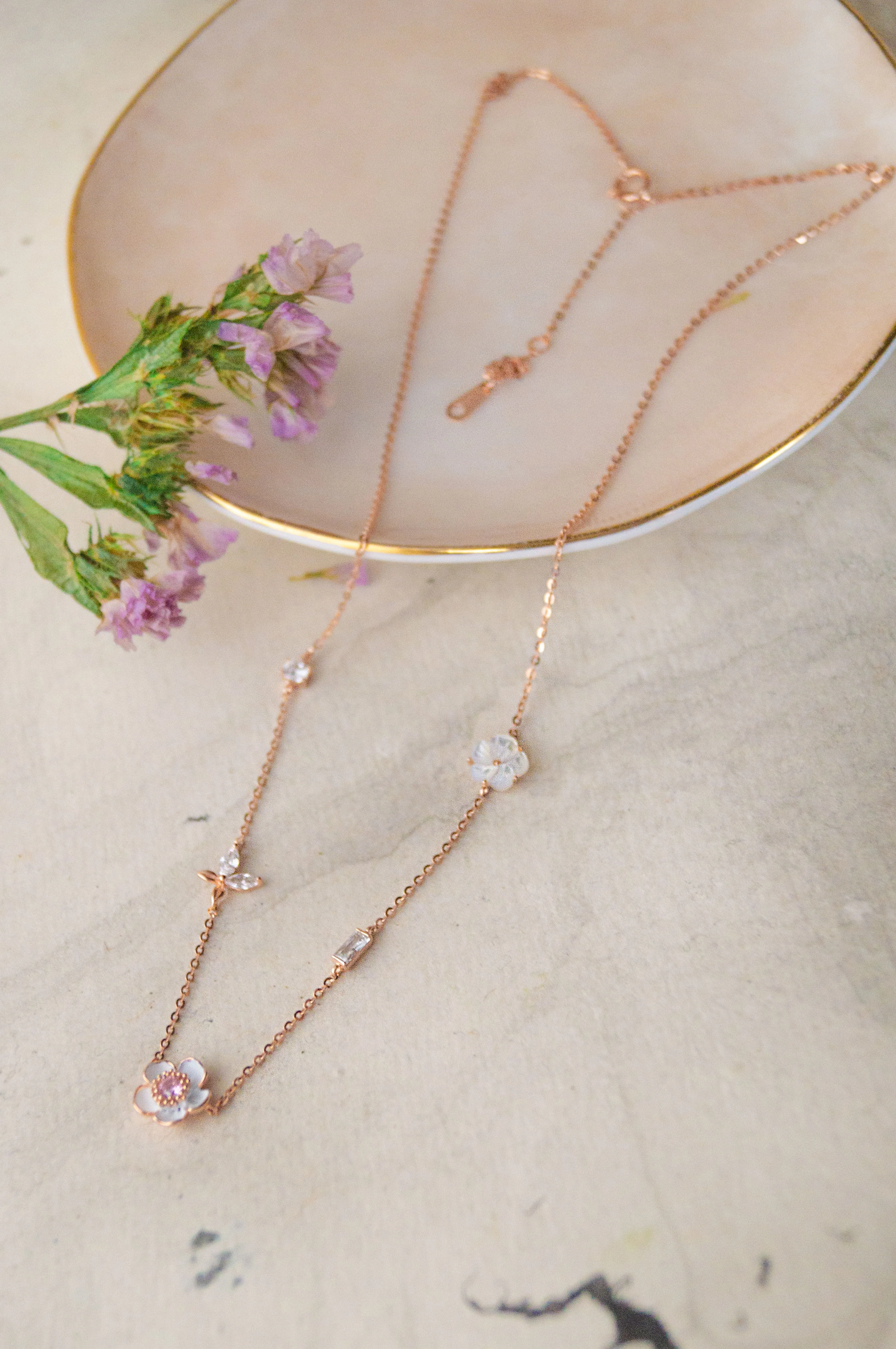 White Flower Garland Rose Gold Plated Sterling Silver Chain Necklace