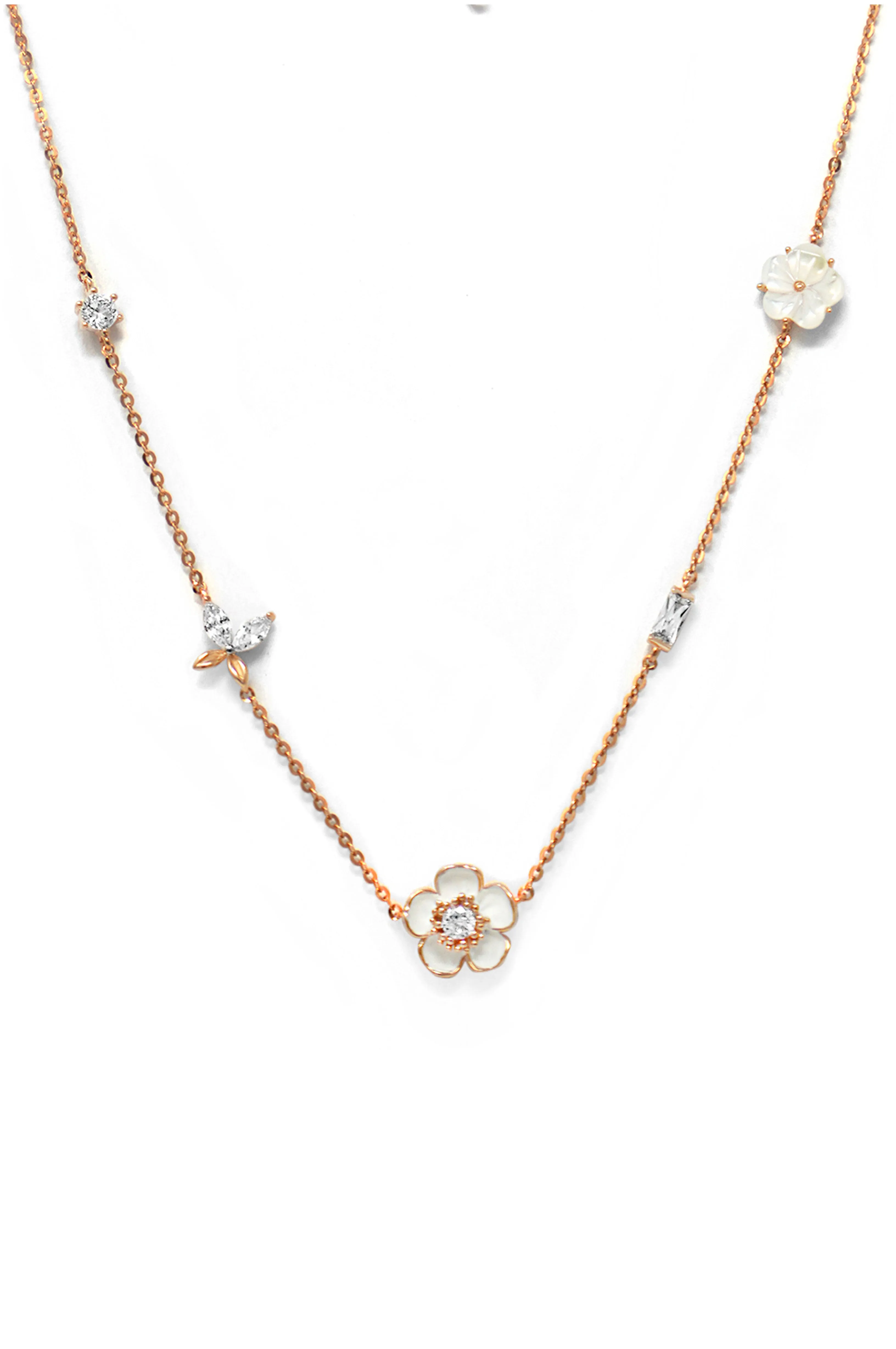 White Flower Garland Rose Gold Plated Sterling Silver Chain Necklace