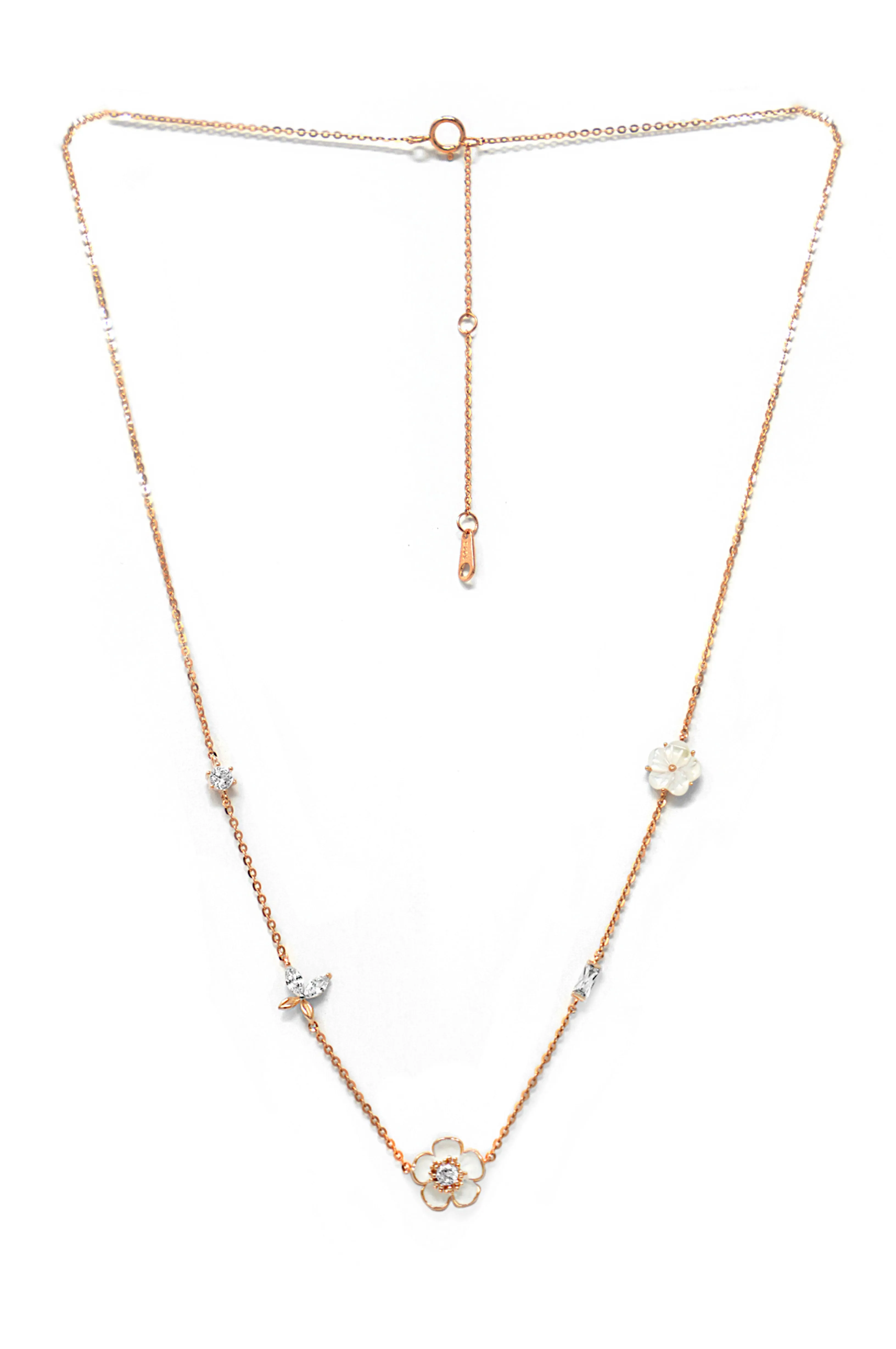 White Flower Garland Rose Gold Plated Sterling Silver Chain Necklace