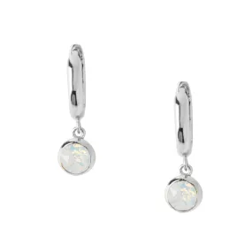 White Opal Drop Huggie Hoop Earrings Made With Swarovski Crystals - Silver